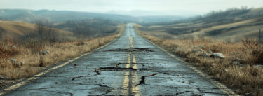 **Alt text:** A cracked and weathered rural road winds through a dry, hilly landscape under a cloudy sky. The road stretches into the distance, symbolizing a long and challenging journey.