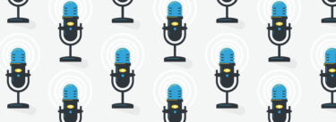 Podcast graphic image with repeating icons and microphones
