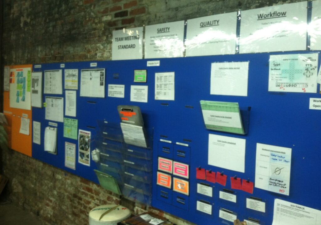 The pick/pack standard work wall at Plumbers Supply showing how supervisors' work has been made more visual. 