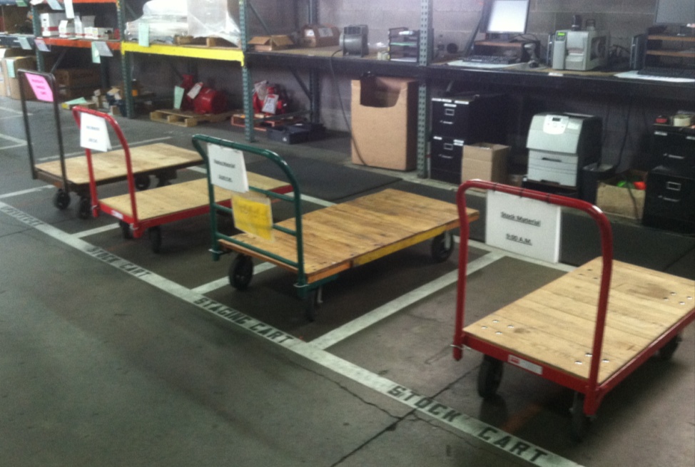 The cart staging area in Receiving where the replenishment and fulfillment process begins.