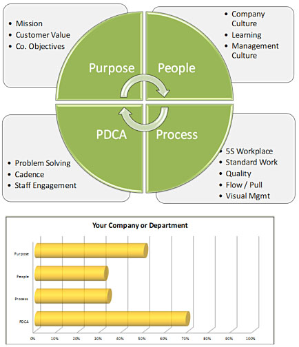 A lean self-evaluation examines performance in four areas: purpose, people and culture, process and operations, and continuous improvement. 