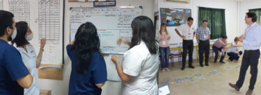 Lean hospital in Argentina. People at huddle board.