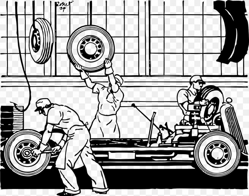 An illustration of an assembly line showing a worker reach over his shoulders to get a tire. Excess motion is one of the 7 wastes.