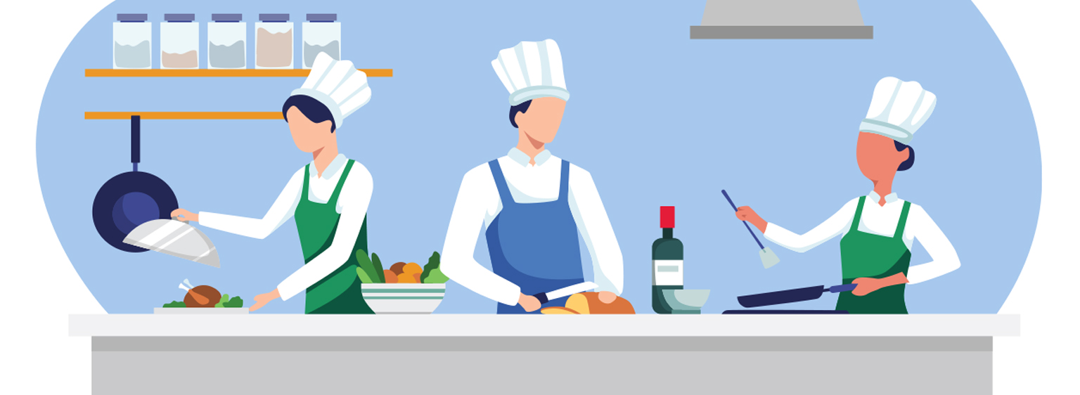illustration of three cooks in a kitchen prepping food