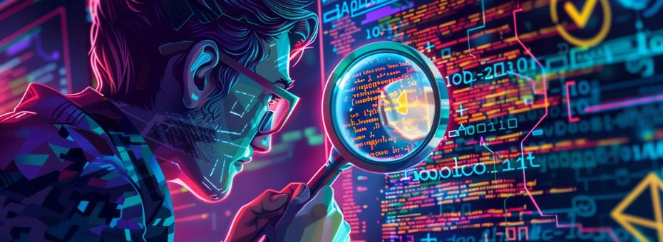 A software development intently looking at complex code through a magnifying glass to indicate problem solving set in a futuristic environment.