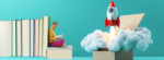 rocket launching from a box and a woman reading leaning against a stack of books