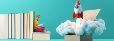 rocket launching from a box and a woman reading leaning against a stack of books