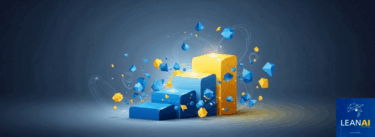 An abstract, stylized bar chart with blue steps ascending to a taller yellow bar on the right, suggesting progression. Swirling lines and floating geometric shapes surround the chart. The Lean AI Journal logo is in the bottom right corner.