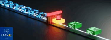 A blog banner image visualizing the lean concept of "jidoka" (built-in quality) applied to AI. A digital assembly line stops a "defective" data block at a red quality gate, complete with an "andon" warning light, while "good" green blocks pass inspection. This illustrates the article's theme of industrializing AI with lean principles.