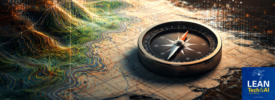 A topographic or terrain map that is visibly dissolving, warping, or transitioning at its edges &mdash; suggesting that the territory changes faster than the map can capture. A subtle compass or navigation instrument sits in the foreground, grounded and steady against the unstable background.