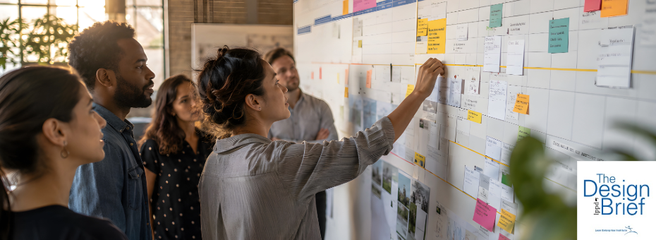 team at board adding post-it notes